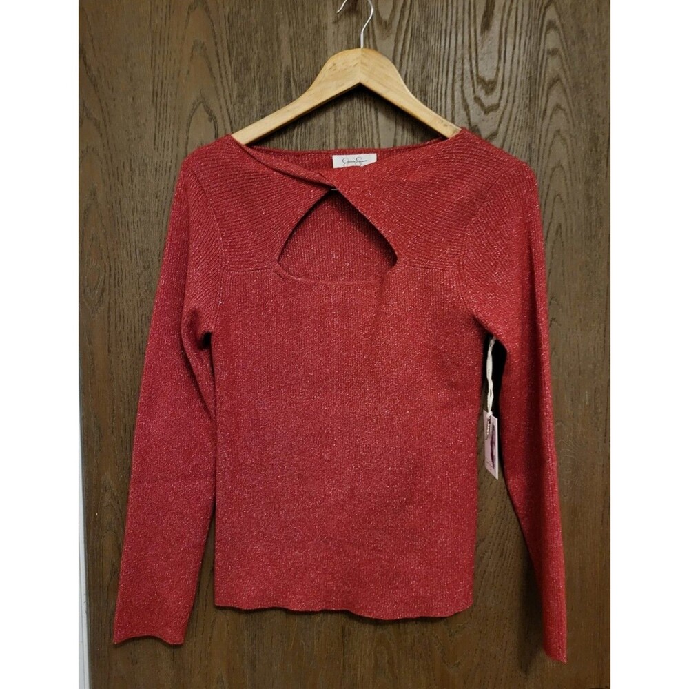 Jessica Simpson Womens Ribbed Twist Front Cutout Red Shimmer Sweater Size XL